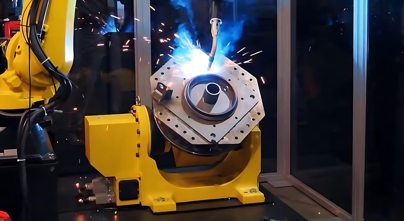 Robot FANUC při svařování dílu upnutého v polohovadle